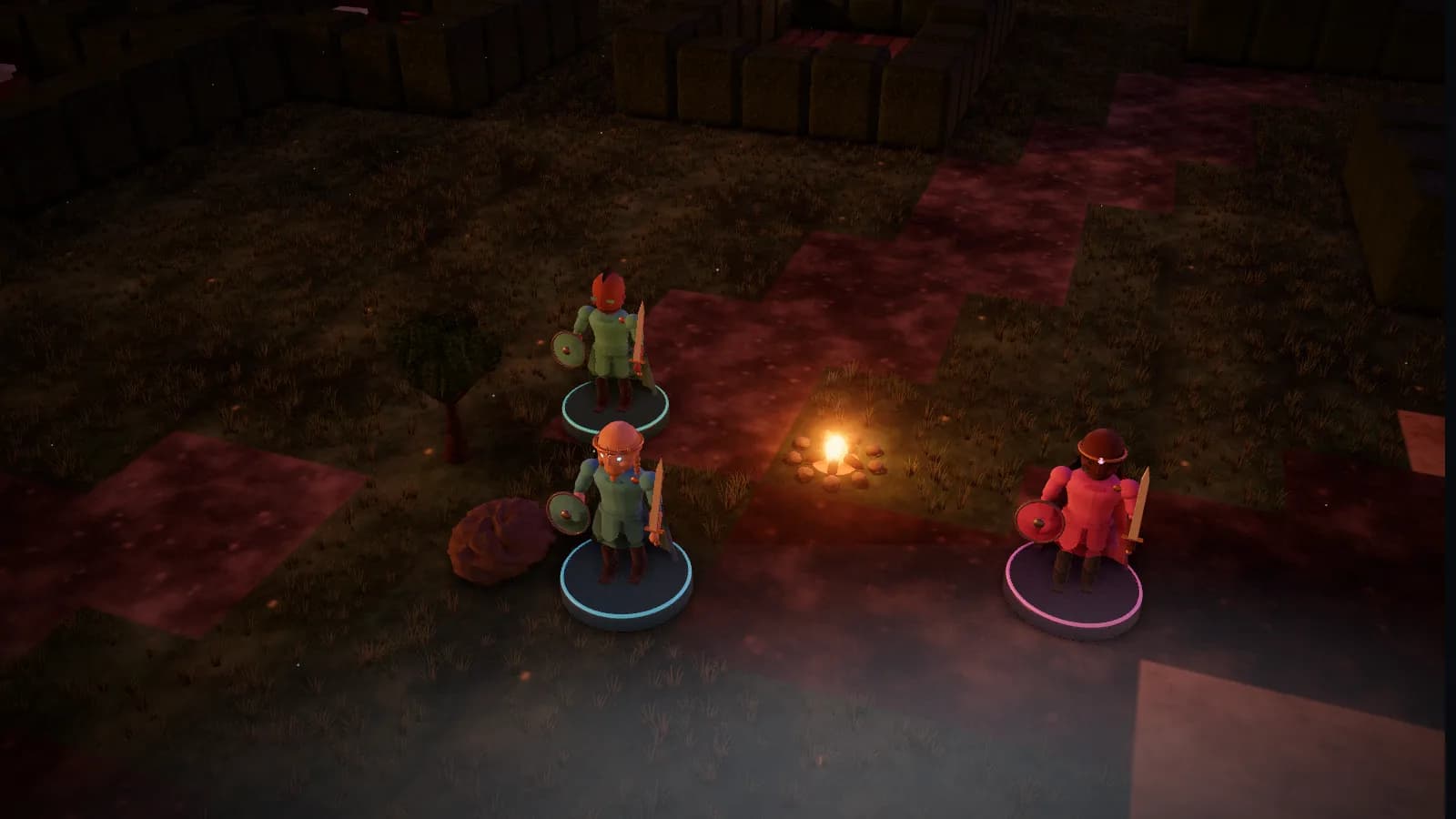 Manerton, a board from The Mist Beyond Manerton, on the 3D table with three heroes standing on it.