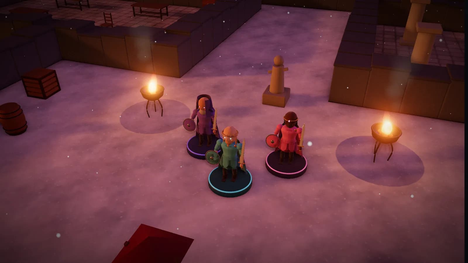 The hospice of Saint Wendrell, a board from The Hospice on Greywhistle Pass, on the 3D table with three heroes standing on it.
