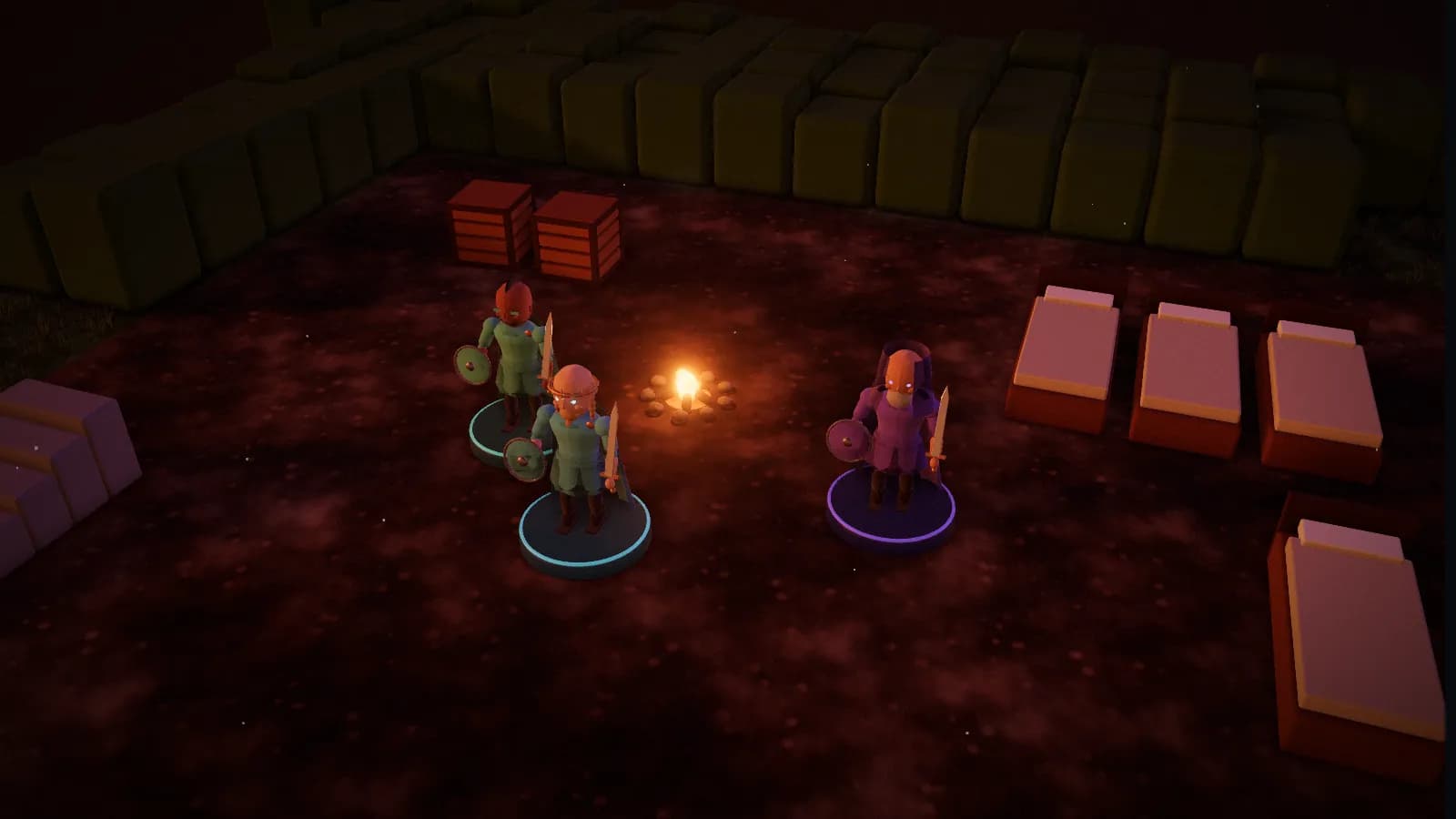 The camp on the Silversilk, a board from Rise of the Blood Olms, on the 3D table with three heroes standing on it.
