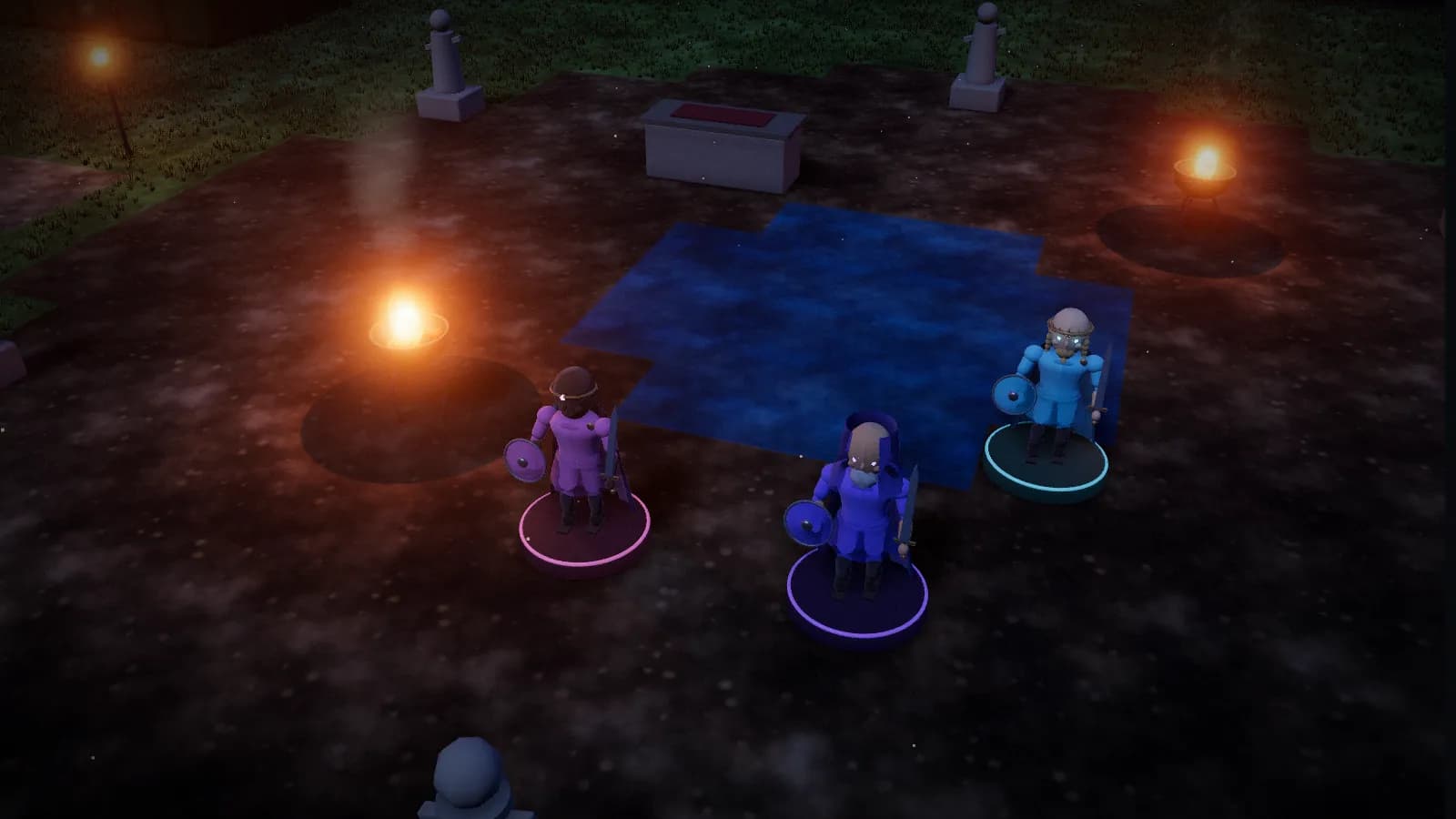 The Hare Stones, a board from The Tithe of Hollin Isle, on the 3D table with three heroes standing on it.