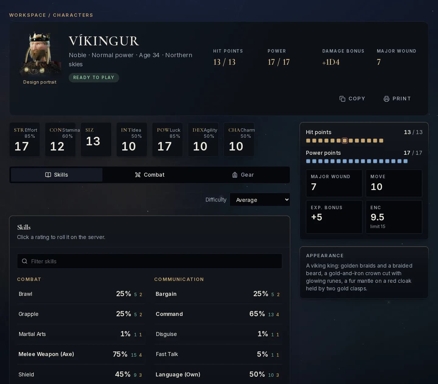 The finished character sheet for Víkingur, a viking king: portrait, hit points, power, characteristics and skills.