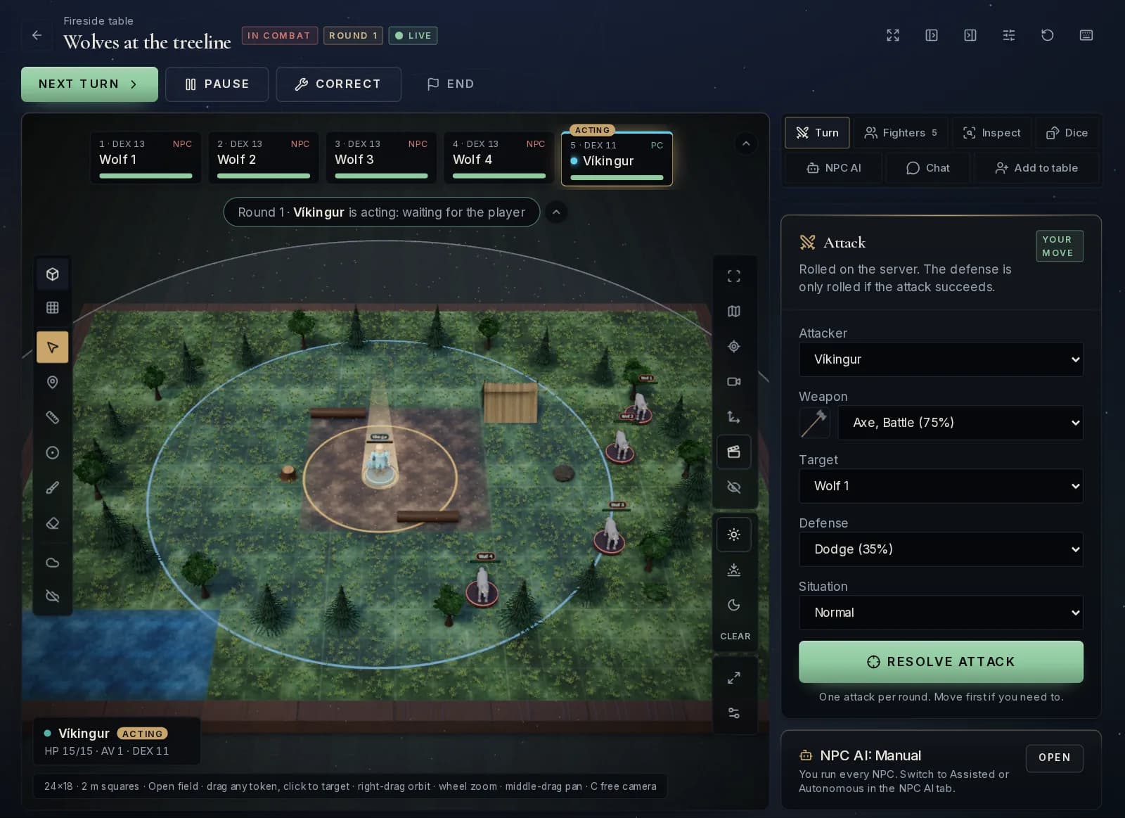 The Elrune fight screen: Víkingur acting in a forest clearing on the 3D table, four wolves at the treeline, the turn order above and the attack panel set to a battle axe.